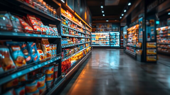 Colorful supermarket aisle filled with various snacks and products under bright lighting on shelves.