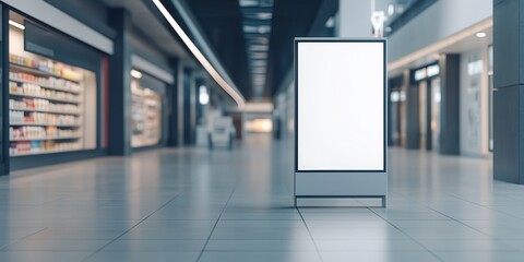 A clean, blank advertising display stands in a bright supermarket aisle, ready for branding.	
Shopping mall corridor with a board for promotional content.
