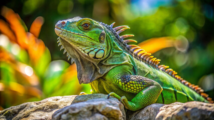 Fototapeta premium vibrant green iguana sunbathing on rock, showcasing its detailed scales and spines, surrounded by lush foliage. scene captures beauty of nature and reptiles striking colors