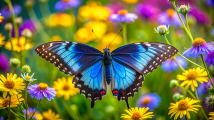 Naklejka premium vibrant blue butterfly with delicate iridescent wings rests among colorful flowers, creating stunning contrast in lively garden setting. scene evokes sense of tranquility and beauty