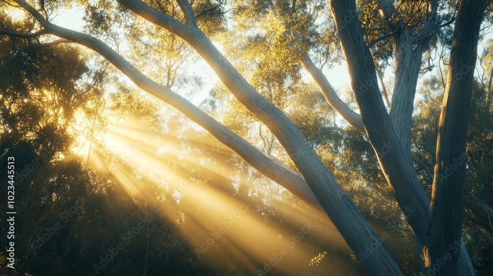 Poster the sun is shining through the trees, casting a warm glow on the forest floor