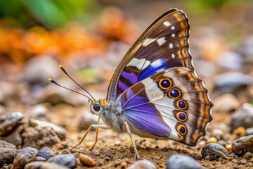Obraz premium stunning purple emperor butterfly gracefully sips minerals from ground, showcasing its vibrant colors and intricate patterns. This close up captures beauty of nature