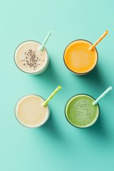 Top view of four colorful glasses with vibrant smoothie juices: orange, green, yellow, on a soft teal background. Refreshing healthy drinks.