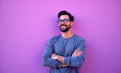 Fototapeta premium Young buisnessman wearing eyeglasses, jacket and shirt, holding arms crossed, looking at camera with happy confident smile, standing against purple background