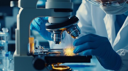 Closeup of scientist working with microscope in laboratory. Science chemistry biology medicine people concept.