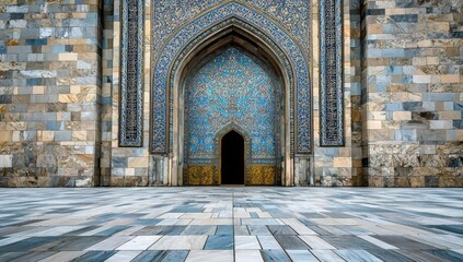 Obraz premium Arabian Style Blue and White Architecture with Arches, Mosaics, and Golden Details