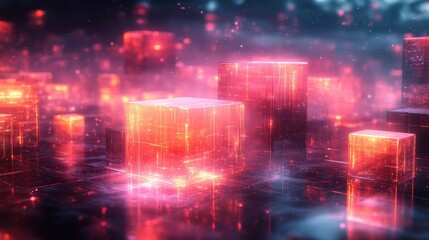 Neon cubes glow amidst a misty backdrop, creating a vibrant, futuristic landscape filled with shimmering lights and textures.