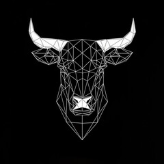 intricate black and white geometric bull portrait with polygonal patterns on a dark backdrop