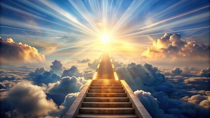 Heavenly stairway with sunrays and clouds at tilted angle