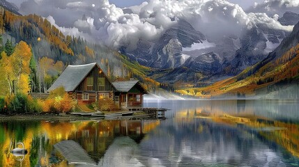 Fototapeta premium Autumnal Cabin Retreat by a Serene Mountain Lake