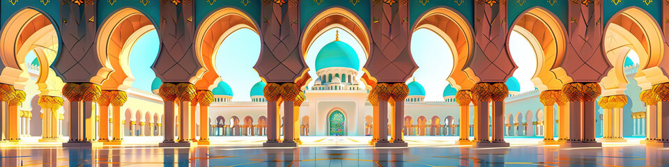 An ornate Islamic mosque's intricate archways and domes, their gold and turquoise tiles reflecting the warm sunlight.