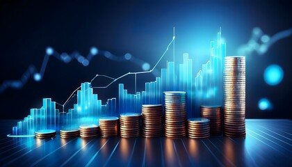 3D coin background with a blue finance graph and investment bar, showcasing growth
