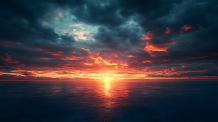 Naklejka premium Sunset Over the Ocean - Dramatic Sky, Orange and Blue Clouds, Calm Water