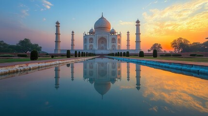 majestic taj mahal stands under a clear blue sky surrounded by lush gardens and reflective water pools symbolizing love and architectural beauty in a serene indian landscape