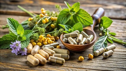 Herbal supplements and capsules with fresh herbs