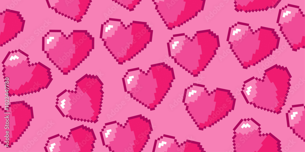 Poster background made of pixel hearts. pink background with graphic hearts from retro games.