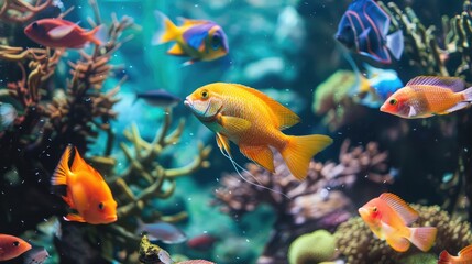 Fototapeta premium Write about the experience of setting up and maintaining a vibrant aquarium, from selecting compatible fish species to creating a balanced ecosystem that mimics natural habitats.