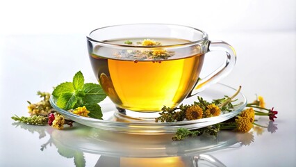 Herbal tea in a glass cup with chamomile flowers, tilted angle