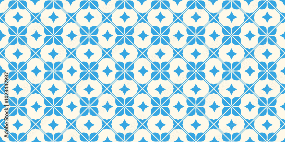 Aufkleber White background and repeating textile pattern. Stylish and simple geometric damask pattern. Retro art decor with blue rhombuses.