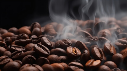 Grains of coffee with smoke on dark background, ready to be brewed into adelicious cup of coffee