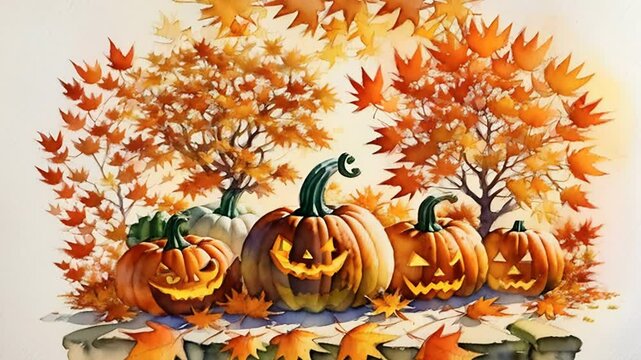 pumpkins in an autumn environment, watercolor