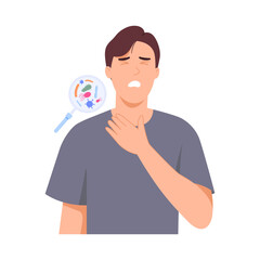 Man with sore throat, infection of the throat with bacterial virus, vector illustration on white background.