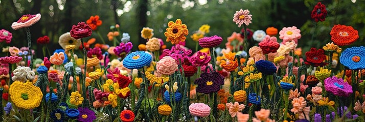 Obraz premium crocheted field of flowers in bloom