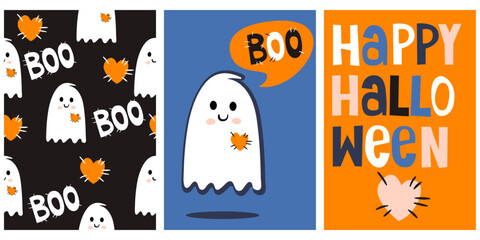 Funny hand drawn illustration with a cute white ghost isolated on a purple background. Simple handwritten Halloween card. Pattern with ghosts and hearts.