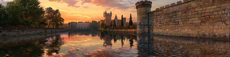 Obraz premium A European castle's moat reflecting the hues of sunset upon its stone walls, a serene scene of medieval architecture.