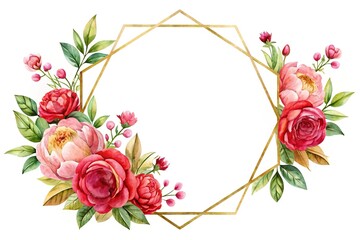 Hexagonal frame with watercolor flowers