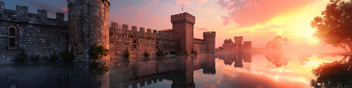 A European castle's moat reflecting the hues of sunset upon its stone walls, a serene scene of medieval architecture.