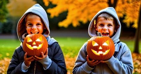 Two Children Smiling And Holding Jack-o'-Lanterns. Ready For Celebration. Halloween Holiday Related Footage.