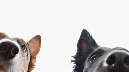 Close up of two dogs noses sniffing screen on white background. Free space for product placement or advertising text.