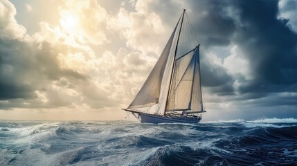 Fototapeta premium Sleek sailing yacht moving through the ocean.