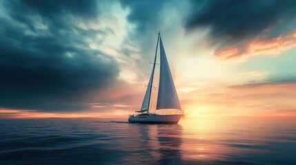 Sailing yacht cruising across calm sea on sunset background.