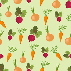 Seamless pattern with vegetables on a green background. Carrots, onions, beets