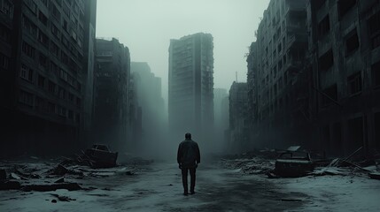 Person walking through desolate limbo city.