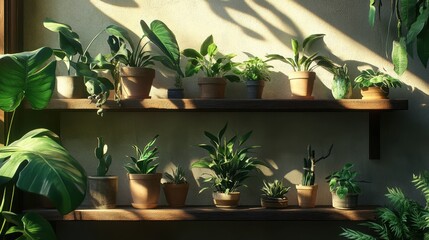 A collection of thriving indoor plants resting on rustic wooden shelves, with shadows playing across the wall.