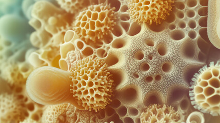 A detailed microscopic view of various pollen grains, spores, and microorganisms, showcasing intricate textures and forms in a vibrant, biological scene.