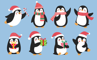 Cute Cartoon Penguin Character set,Joyful babies penguins with winter Scarf,Santa Claus hat and Gift box,Isolated vector Illustration ,Merry Christmas festival,Christmas sale banner,Template and Card