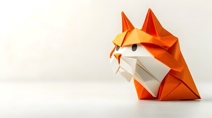 Origami Paper Cat Sculpture on Clean White Background with Copyspace