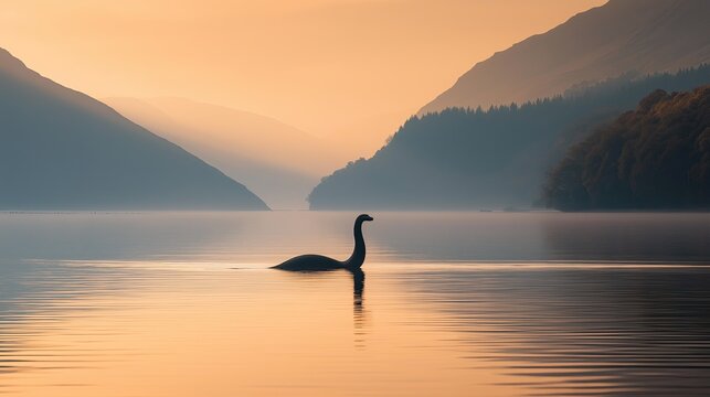 Loch Ness monster in lake on foggy background.
