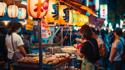 Naklejka premium Japanese food stall at a night market, colorful lights and people in the background2