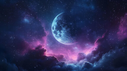 Obraz premium Crescent Moon and Stars Night Sky Illustration