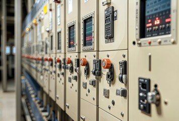 Electrical Substation Switchgear. A row of indoor switchgear panels with control knobs, meters, and display screens in an electrical substation, used for power distribution control.