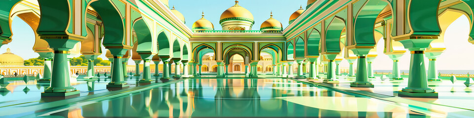 Obraz premium An abstract representation of a Sikh gurdwara's intricate archways and domes, its vivid greens and golds evoking the richness