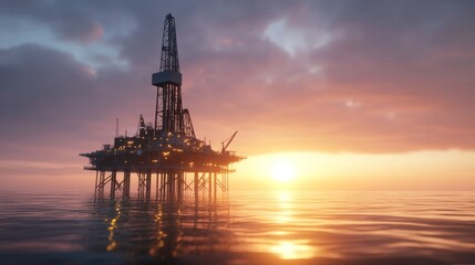 Obraz premium An offshore oil rig silhouetted against a colorful sunset over calm waters.