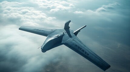 Fototapeta premium A sleek, modern drone flying above the clouds, showcasing its aerodynamic design and advanced technology.