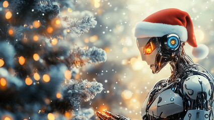 A futuristic robot wearing a Santa hat stands beside a glowing Christmas tree, blending technology and holiday spirit in a festive, sci-fi setting.