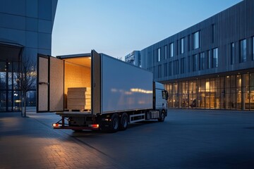 Wooden boxes inside a truck trailer being loaded in a warehouse for cargo transportation commercial building evening.